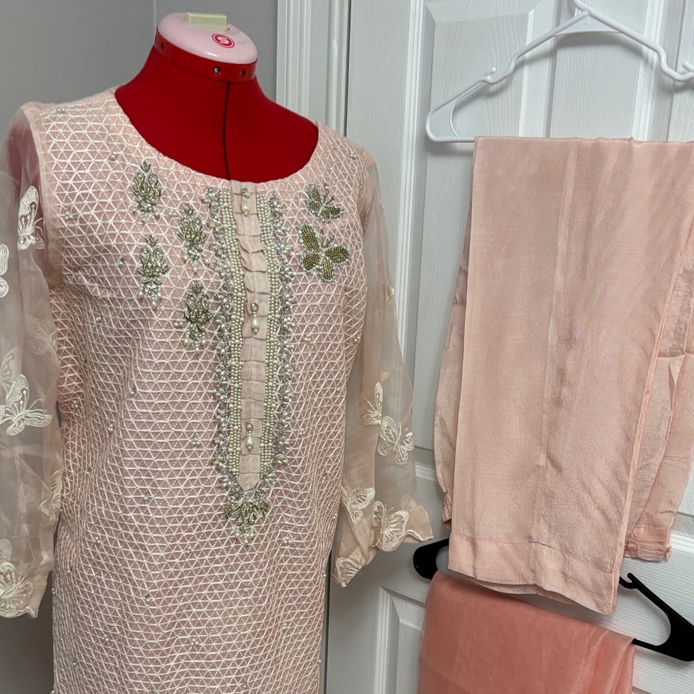 Embroidered Peach Lawn Kurta Set